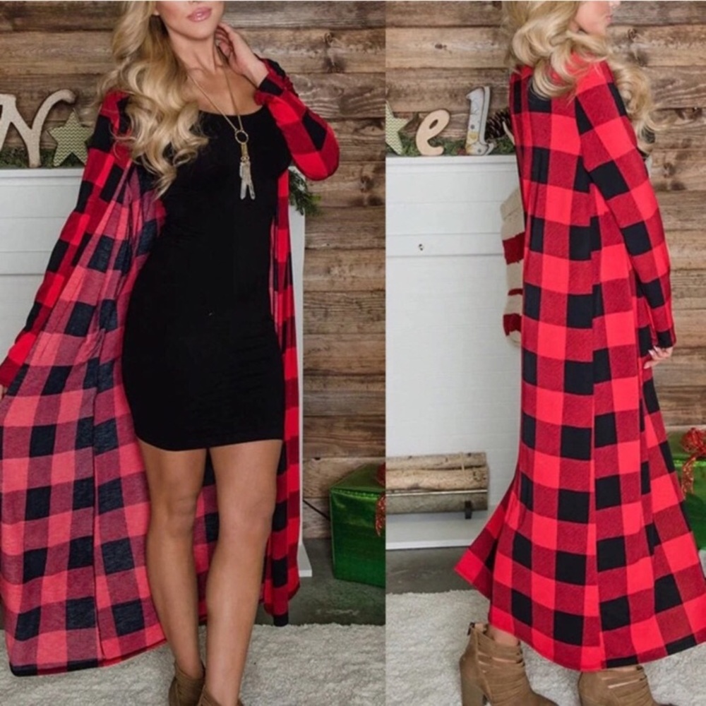 Oversized red black women cardigan sweater jacket midi long